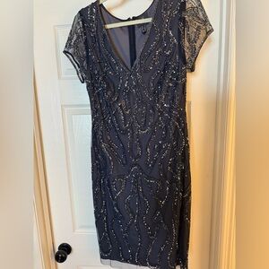 Adrianna Papell Midnight Beaded Midi Dress SZ 12